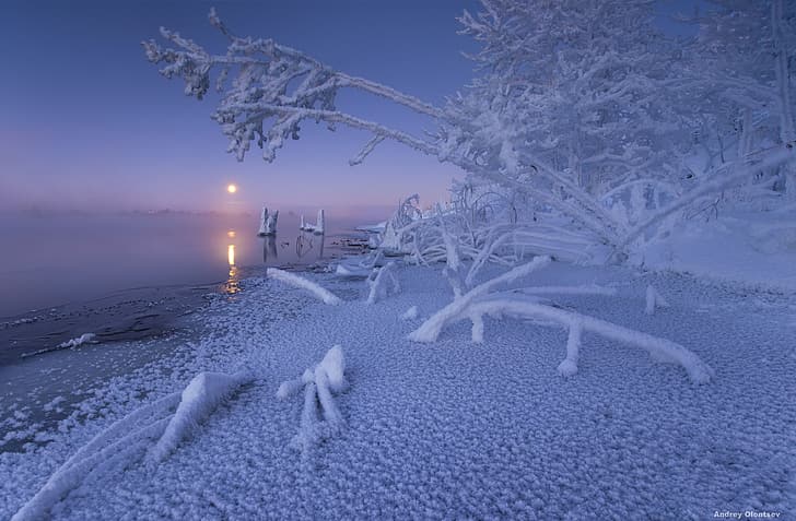 winter, snow, trees, river, dawn, morning, Russia, Moscow oblast, Андрей Олонцев, Река Дубна, HD wallpaper