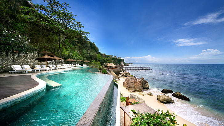 stock photography of swimming pool beside body of water, AYANA Resort and Spa, Bali, Jimbaran, Best hotels, tourism, travel, resort, booking, vacation, pool, HD wallpaper