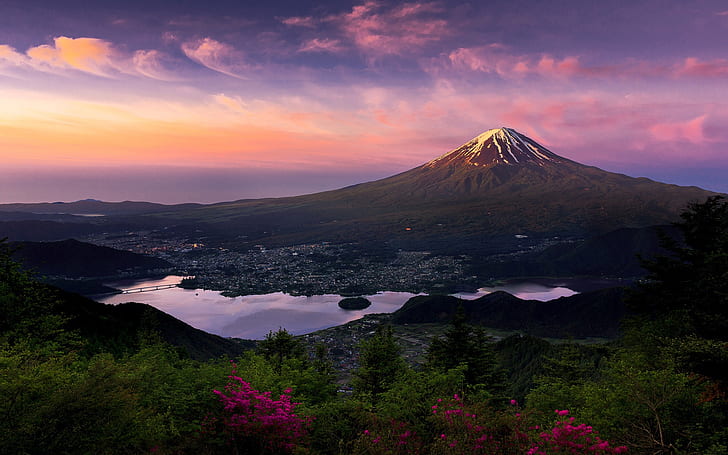 Japan, Fuji vulkan, berg, morgon, vattendrag, Japan, Fuji, vulkan, berg, morgon, HD tapet