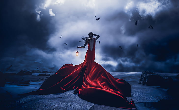 Samantha Wells, 500px, women, red dress, lantern, dark, sky, clouds, artwork, HD wallpaper