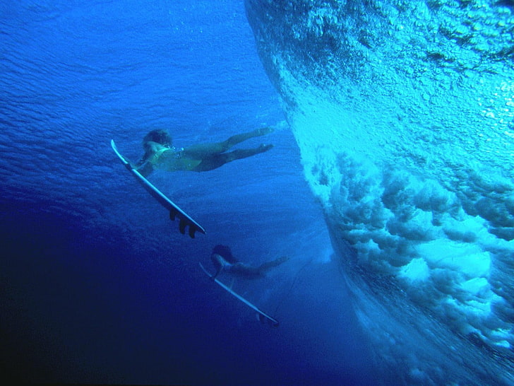 surf, femmes, femmes en plein air, sous l'eau, mer, planches de surf, surfeurs, Fond d'écran HD