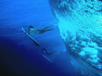 surfing, women, women outdoors, underwater, sea, surfboards, surfers, HD wallpaper HD wallpaper