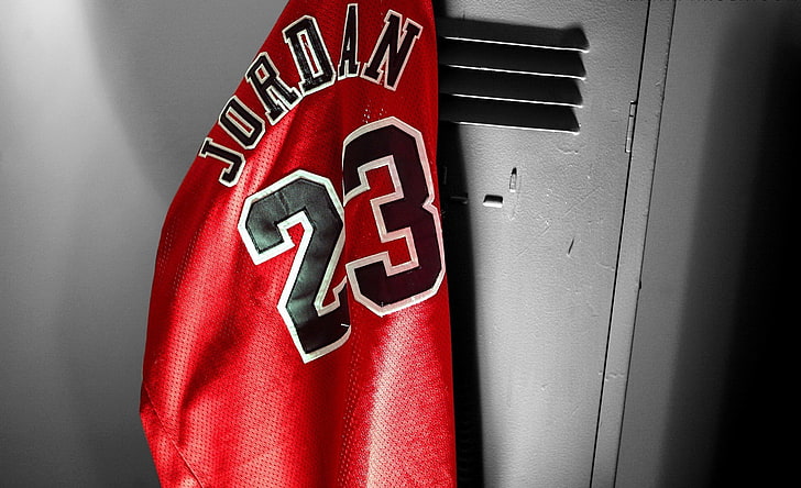 red and black basketball jersey, Mike, t-shirt, basketball, locker room, michael jordan, chicago bulls, locker, Jordan, HD wallpaper