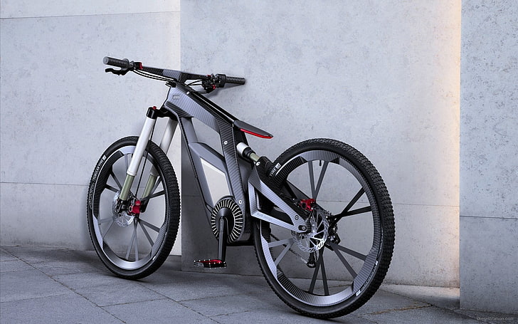 черно-бял велосипед с пълно окачване, превозно средство, Audi, CGI, велосипед, модерен, въглеродни влакна, плочки, HD тапет
