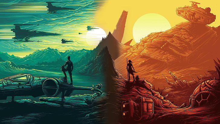ilustracja dwóch osób, animowanego mężczyzny i kobiety stojących na wysokich partiach ilustracja, Gwiezdne Wojny, filmy, Gwiezdne wojny: Przebudzenie Mocy, sztuka cyfrowa, Rey (z Gwiezdnych wojen), Rey, BB-8, statek kosmiczny, grafika, X-wing , niebo, futurystyczny, Tapety HD