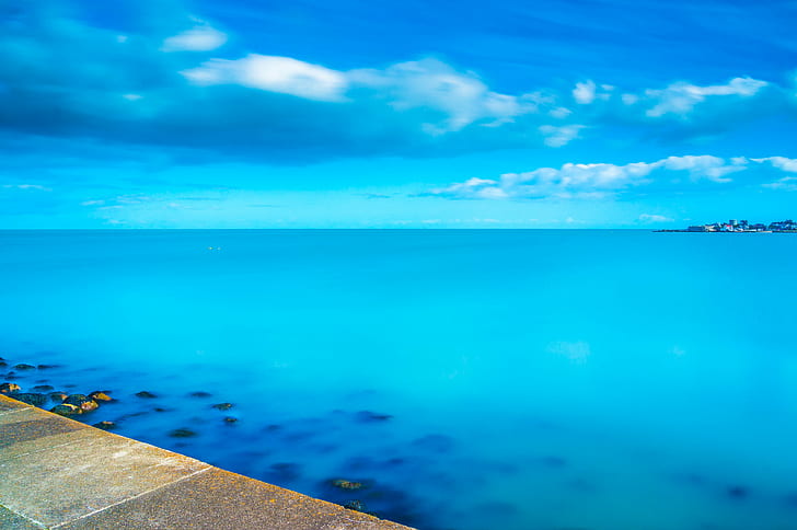 ocean with blue sky reflection and cloud formation photo, ireland, ireland, Dun Laoghaire, Ireland, ocean, blue sky, reflection, cloud formation, photo, clouds, colors, europe, exposure, landscape, motion, nex, nex6, photography, sea, sel18200le, sony, travel, blue, summer, nature, beach, outdoors, sky, coastline, water, scenics, HD wallpaper