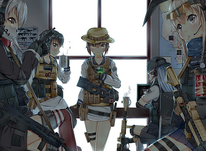 شيماكازي (كانكول) ، أماتسوكازي (كانكول) ، توكيتسوكازي (كانكول) ، يوكيكازي (كانكول) ، مجموعة كانتاي ، هيبيكي (كانكول) ، فتيات يحملن أسلحة، خلفية HD HD wallpaper