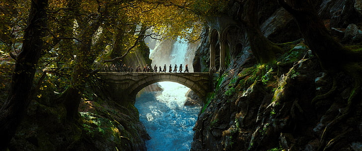 gray bridge illustration, forest, elves, dwarves, prisoner, squad, Legolas, The Hobbit, Mirkwood, Murkwood, Bilbo, Tauriel, The Hobbit: The Desolation Of Smaug, or There and Back Again, HD wallpaper