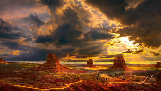 три оранжеви планини по време на залез, Monument Valley, оранжеви планини, залез, Пейзаж, светлина, Аризона, Никон, Щукин, Сигма, САЩ, пясъчник, природа, Юта, пустиня, скала - Обект, живопис, на открито, паметник Долина племенни парк, небе, HD тапет HD wallpaper