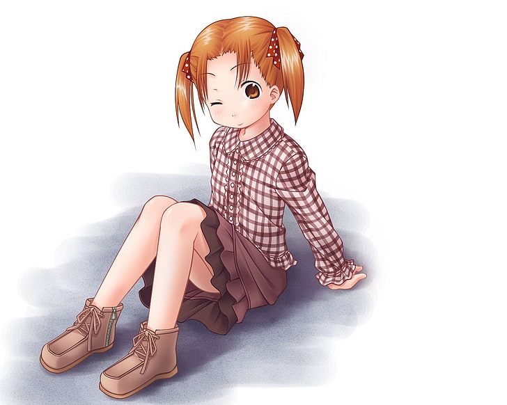 orange haired female anime character sitting on the ground illustration, ichigo mashimaro, matsuoka miu, girl, cute, pose, flirt, HD wallpaper