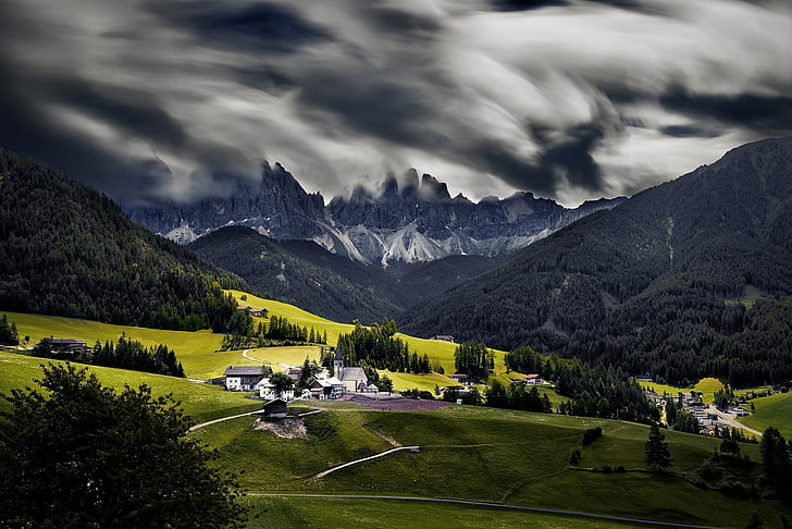 bidang hijau, Dolomites (pegunungan), lanskap, pegunungan, Wallpaper HD
