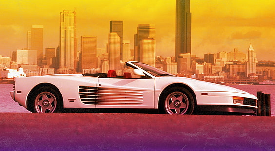 The city, Ferrari, 80s, Testarossa, VHS, 80's, Synth, Retrowave, Synthwave, 512 TR, Ferrari Testarossa 512 TR, New Retro Wave, Futuresynth, Sintav, Retrouve, HD wallpaper HD wallpaper