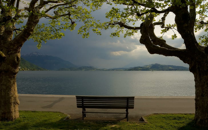 Cloudy Park Bench, lake, nature, cloudy, park, bench, HD wallpaper