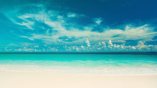 mare blu e sabbia bianca, mare, spiaggia, cielo, acqua, nuvole, paesaggio, natura, fiume, sfondo, widescreen, carta da parati, blu, onda, bellezza, orizzonte, schermo intero, sfondi HD, schermo intero, oceano, Sfondo HD HD wallpaper