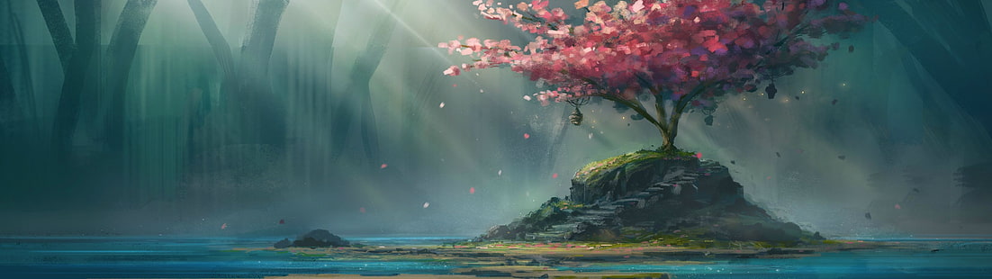 pétales de fleurs de cerisier, peinture de cerisier, fleurs de cerisier, eau, escaliers, Fond d'écran HD HD wallpaper