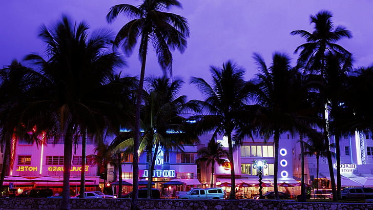 büyük hırsızlık oto yardımcısı şehir otelleri plaj palmiye ağaçları neon akşam, HD masaüstü duvar kağıdı
