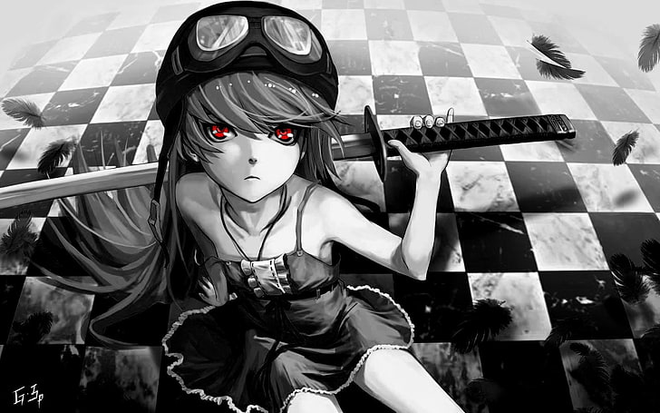 черно-белое изображение женского аниме-персонажа с изображением катаны, аниме-девушки, монохромный, Ошино Синобу, Monogatari Series, аниме, выборочная раскраска, красные глаза, меч, HD обои
