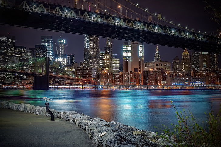 Estrecho, edificio, Nueva York, puentes, ciudad de noche, Manhattan, paseo marítimo, rascacielos, ciudad de Nueva York, puente de Brooklyn, puente de Manhattan, East River, Fondo de pantalla HD