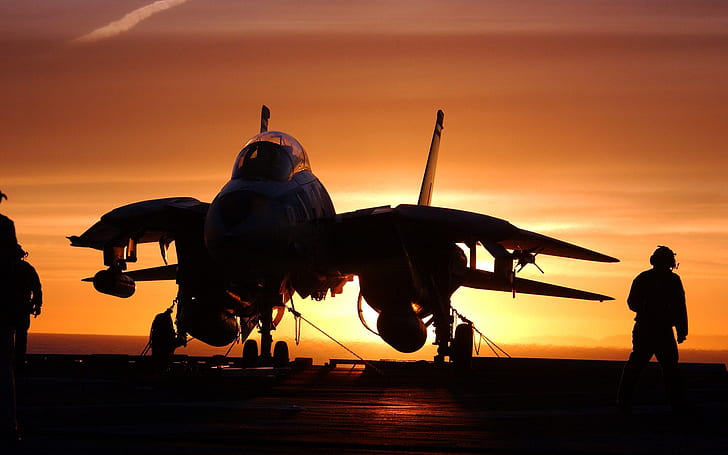 F-14 Tomcat, sunset, orange sky, military, military aircraft, silhouette, soldier, jet fighter, HD wallpaper