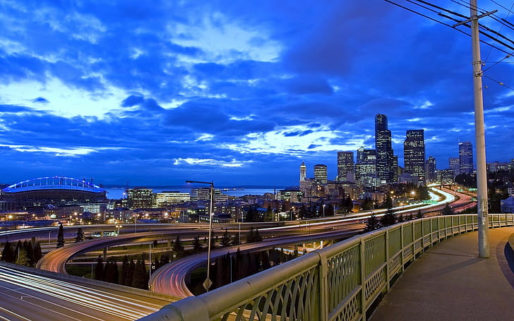 Stadtbild, Biegen Sie, Brücke, Seattle, Langzeitbelichtung, Himmel, HD-Hintergrundbild