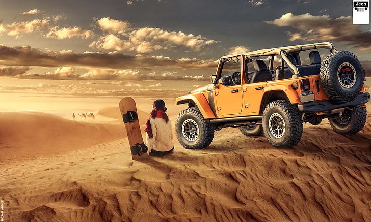 Off-roading, Girl, Desert, Jeep Wrangler, HD wallpaper