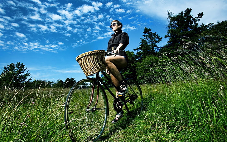 солнечные очки, природа, женщины с велосипедами, велосипед, женщины, HD обои