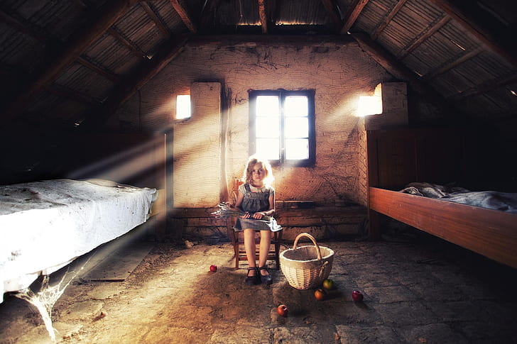 Korb, Äpfel, Mädchen, Dachboden, HD-Hintergrundbild