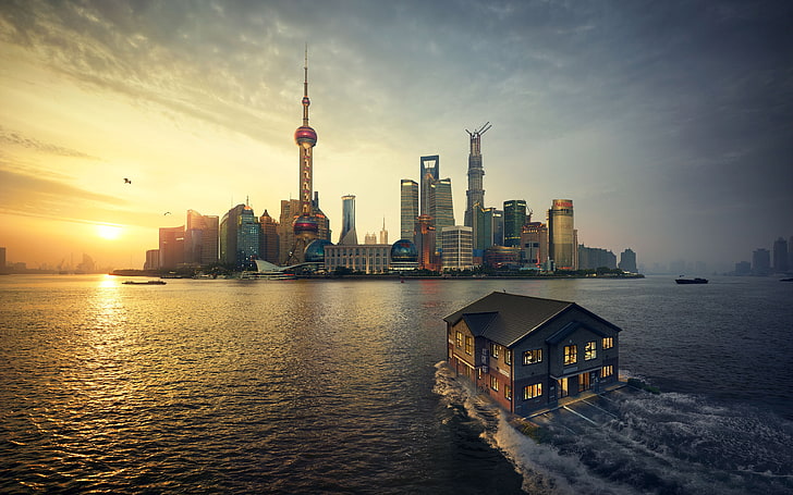 الصين ، شنغهاي ، ناطحات السحاب ، التلاعب بالصور ، المباني ، غروب الشمس ، المدينة، خلفية HD