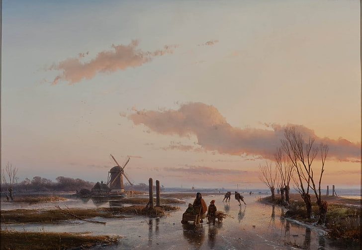 Classic Art, clouds, ice, landscape, Oil Painting, painting, Windmills, HD wallpaper