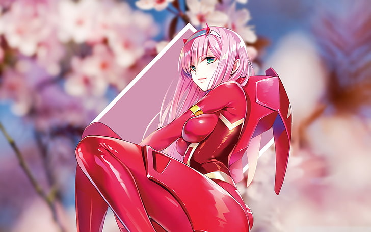 Zero Two (Darling dans le FranXX), Code: 002, Darling dans le FranXX, sakura (arbre), fleur de cerisier, cheveux roses, Fond d'écran HD