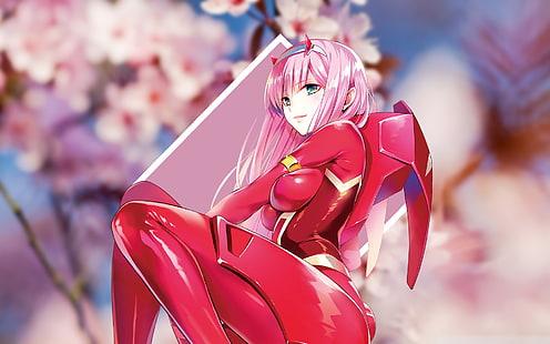 Zero Two (Sayang di FranXX), Kode: 002, Sayang di FranXX, sakura (pohon), cherry blossom, rambut merah muda, Wallpaper HD HD wallpaper