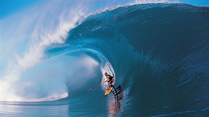 gelbes Surfbrett, Welle, Tahiti, Brandung, HD-Hintergrundbild