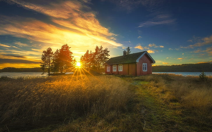 Ringerike, Noruega, puesta del sol, casa, juncos, árboles, río, Ringerike, Noruega, puesta del sol, casa, juncos, árboles, río, Fondo de pantalla HD