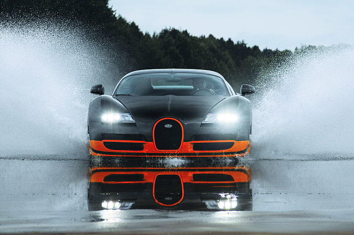 black and orange Bugatti Veyron, wet, water, sport, splash, Bugatti, super, orange, Veyron, HD wallpaper