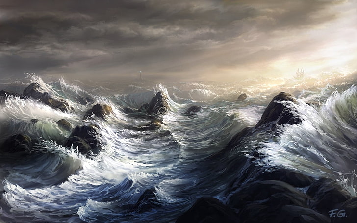 Meereswellen malen, Meer, Welle, Sturm, Felsen, Leuchtturm, Schiff, Segelboot, Kunst, Fel-X, Riffe, HD-Hintergrundbild