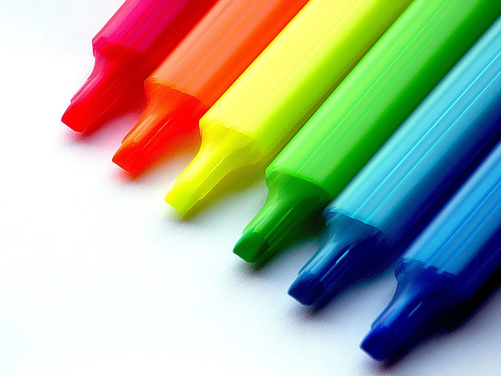 Coloured crayons, six green red and blue markers, colour, crayon, white, red, orange, yellow, green, blue, others, HD wallpaper