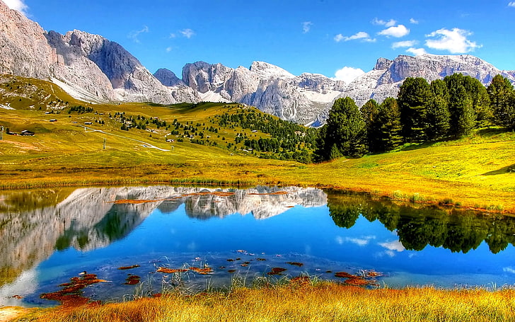 Dolomites Dağlık Manzara Kuzeydoğu İtalya Güney Kireçtaşı Alpes Dağları Göl Manzara Doğa 3840 × 2400, HD masaüstü duvar kağıdı