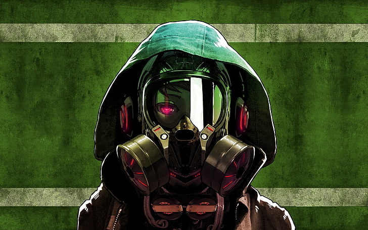 character wearing gas mask wallpaper, anime, gas masks, original characters, green, HD wallpaper