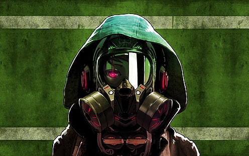 postać w masce gazowej tapeta, anime, maski gazowe, oryginalne postacie, zielony, Tapety HD HD wallpaper