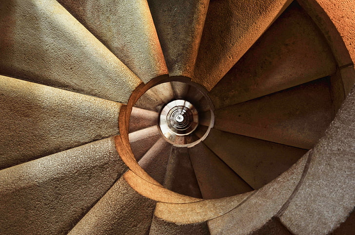 architecture, building, circular, geometric, interior, spiral, stair, staircase, stairway, steps, stone, structure, HD wallpaper