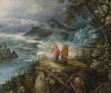 cuadro, religión, mitología, Jan Brueghel el viejo, Paisaje de montaña con la tentación de Cristo, Fondo de pantalla HD HD wallpaper