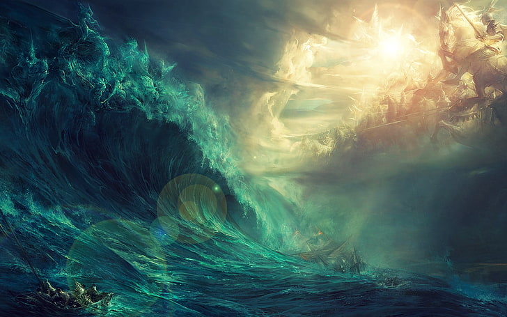 ocean waves illustration, sea, clouds, horse, lens flare, painting, fantasy art, boat, storm, sunlight, digital art, artwork, sky, waves, HD wallpaper