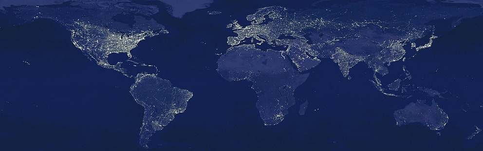 свет ночь загрязнение земли глобусы карты карта мира 3840x1200 космические планеты HD арт, свет, ночь, HD обои HD wallpaper