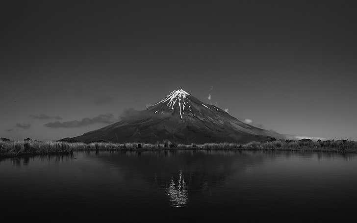 Monte Fuji, paisaje, nieve, reflejo, monocromo, montañas, naturaleza, agua, Fondo de pantalla HD