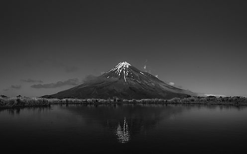 Monte Fuji, paisaje, nieve, reflejo, monocromo, montañas, naturaleza, agua, Fondo de pantalla HD HD wallpaper