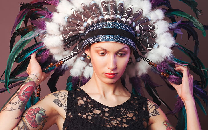 Girl face, tattoos, hat, feathers, gray and white feather headdress, Girl, Face, Tattoos, Hat, Feathers, HD wallpaper
