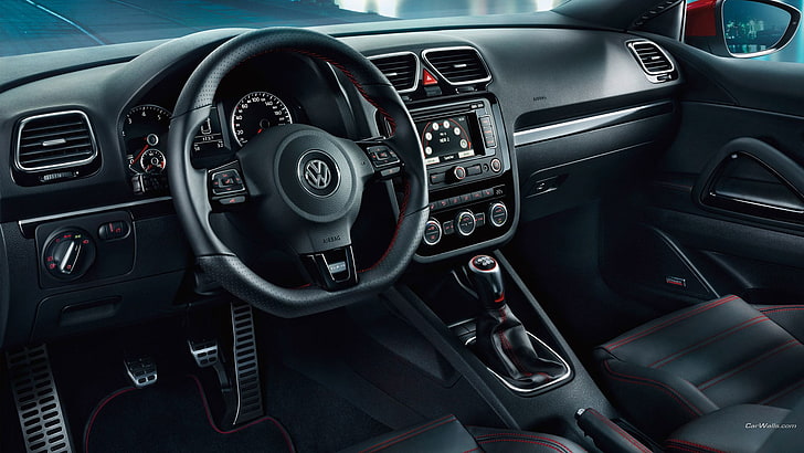 Siyah Volkswagen direksiyon simidi, siyah Volkswagen araba gösterge paneli, araba, Volkswagen Scirocco, Volkswagen, vites kolu, HD masaüstü duvar kağıdı