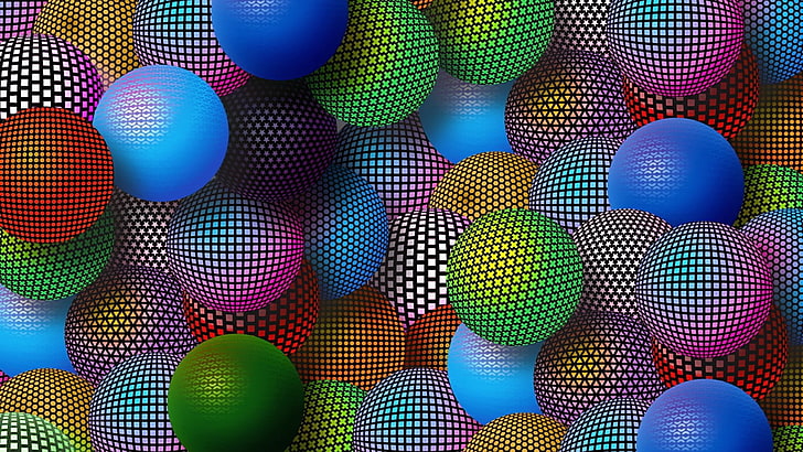 партида топка от различни цветове, сфера, топка, абстрактно, дигитално изкуство, HD тапет