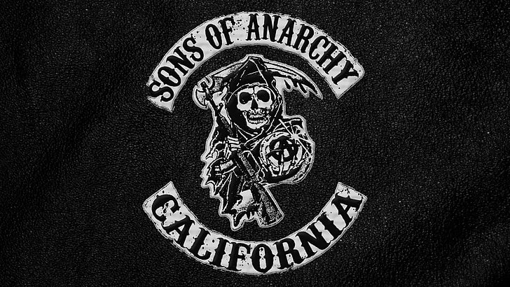 サンズオブアナーキーカリフォルニアのロゴ、死、頭蓋骨、三つ編み、ロゴ、サンズオブアナーキー、 HDデスクトップの壁紙