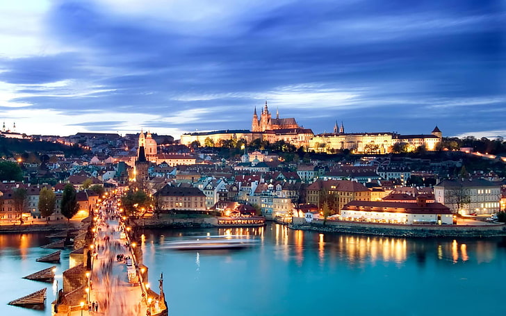 stadsbild, arkitektur, natt, ljus, lång exponering, byggnad, bro, flod, gammal byggnad, slott, moln, Prag, Tjeckien, Karlsbron, HD tapet